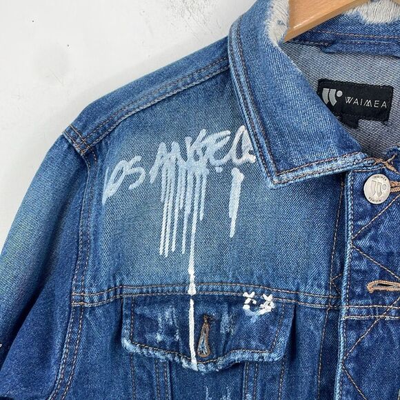 WAIMEA Men's Distressed Graphic Denim Jeans Jacket size Small - Picture 2 of 13